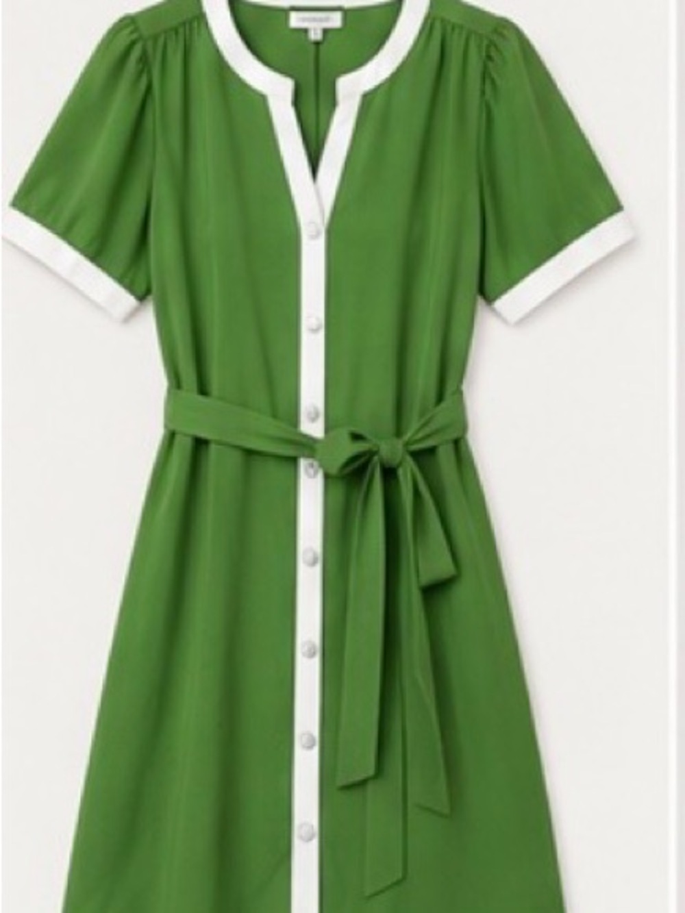 Green Button-Front Midi Dress with White Trim and Self-Tie Belt